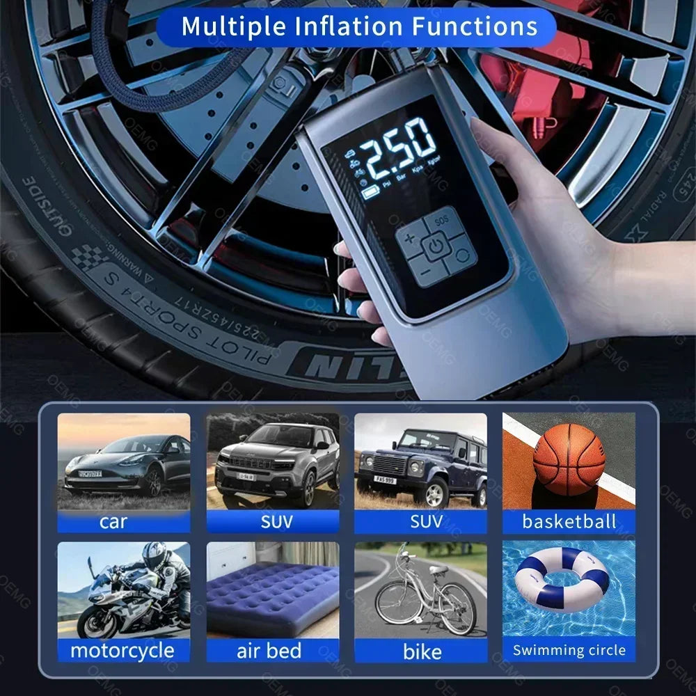 gonfleur électrique  sans fil, compresseur d'air électrique avec écran LCD numérique pour voiture, moto, vélo, ballon