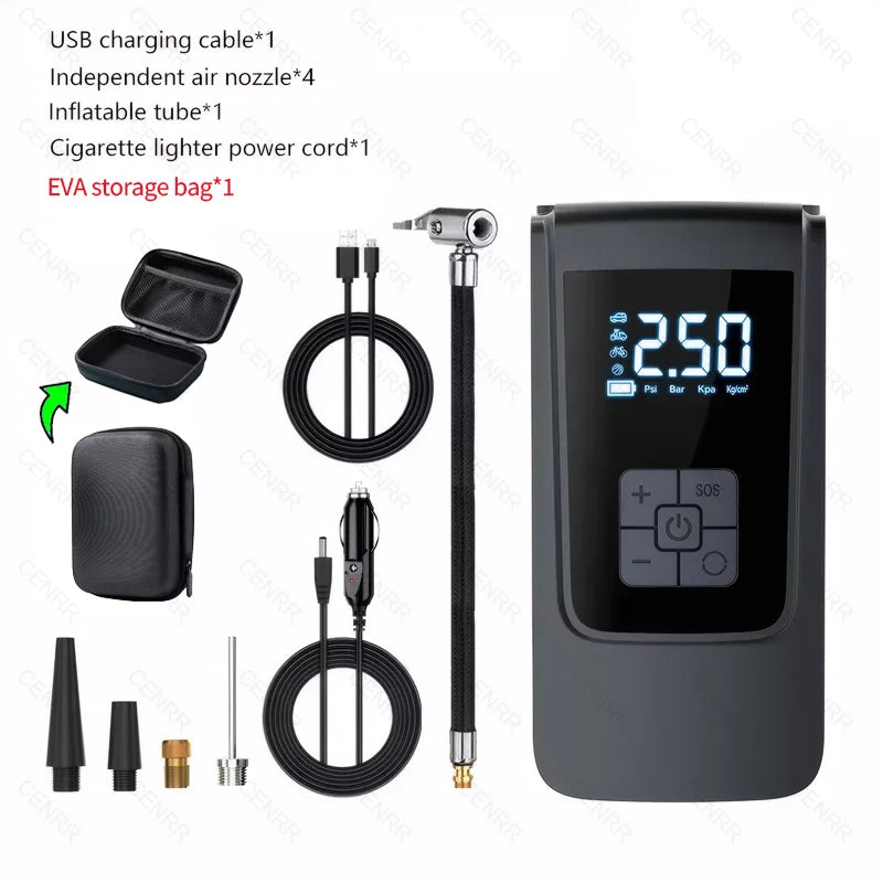 gonfleur électrique  sans fil, compresseur d'air électrique avec écran LCD numérique pour voiture, moto, vélo, ballon