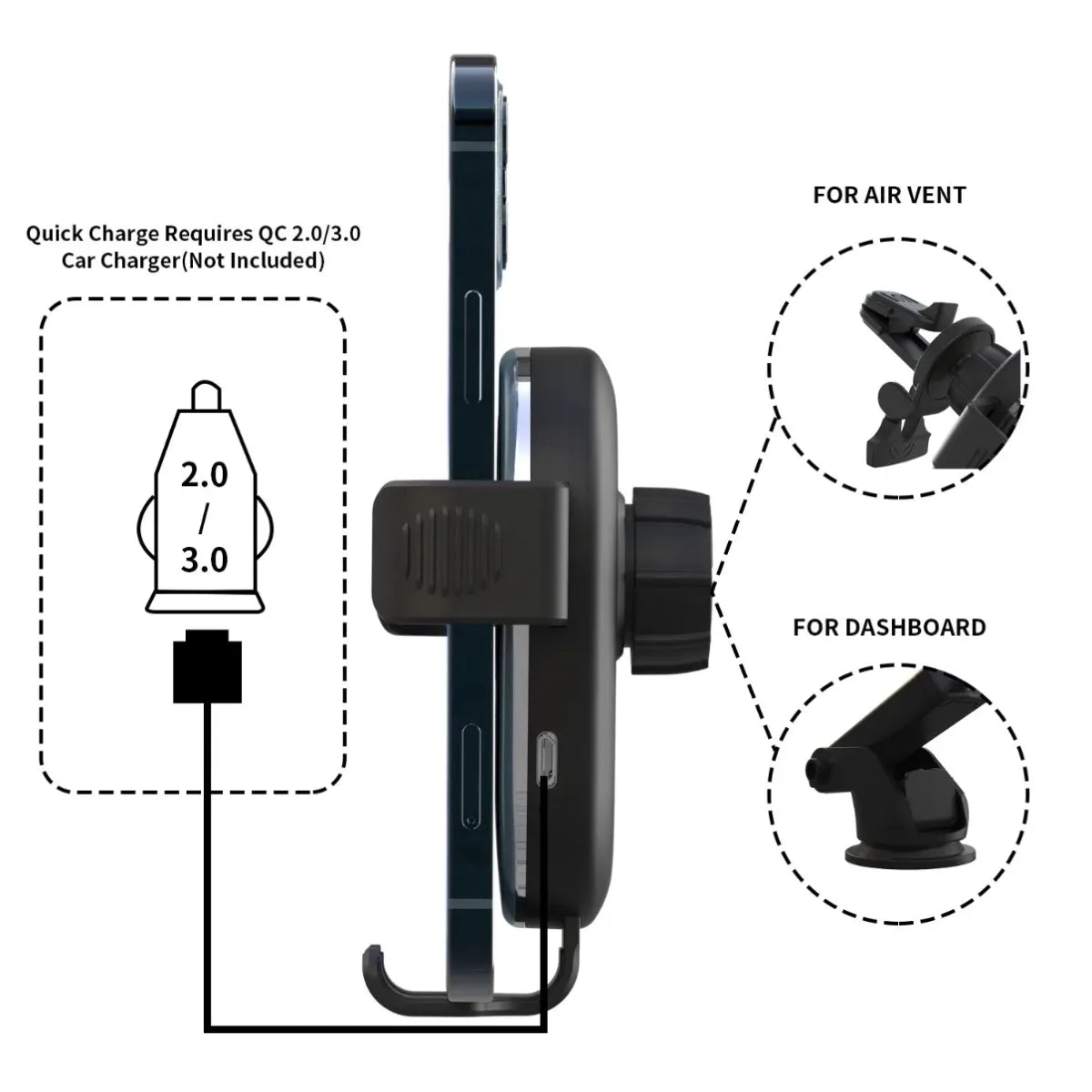 Chargeur sans fil pour voiture, support de téléphone avec sortie d'air, charge rapide pour iPhone 16-12, Samsung, Xiaomi