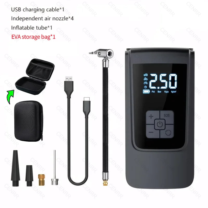 gonfleur électrique  sans fil, compresseur d'air électrique avec écran LCD numérique pour voiture, moto, vélo, ballon