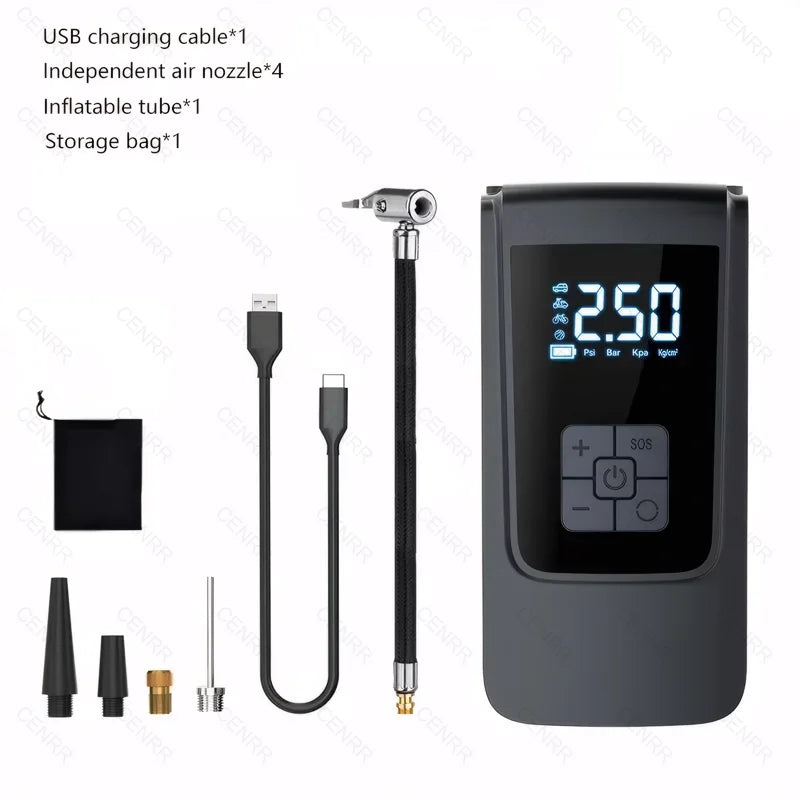 gonfleur électrique  sans fil, compresseur d'air électrique avec écran LCD numérique pour voiture, moto, vélo, ballon